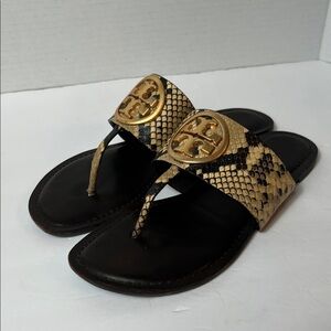 Tory Burch Black and Gold Snake Pattern Sandals Made in Brazil Leather